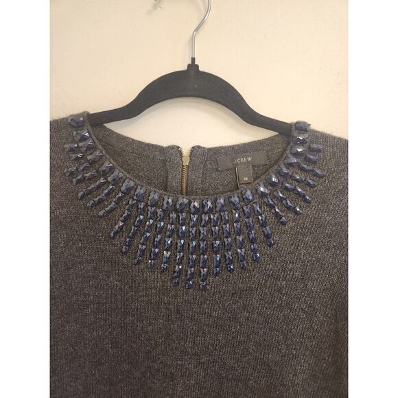 J Crew Womens Sweater Gray‎ Wool Blend Blue Jeweled Neckline Top Extra Small - Picture 2 of 11